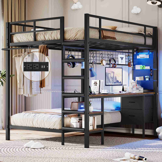 DICTAC | Full Over Twin Bunk Bed with Desk, Storage Drawers, LED Lights & Charging Station, Metal Bunk Bed with Stairs (Black)