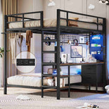 DICTAC | Full Over Twin Bunk Bed with Desk, Storage Drawers, LED Lights & Charging Station, Metal Bunk Bed with Stairs (Black)