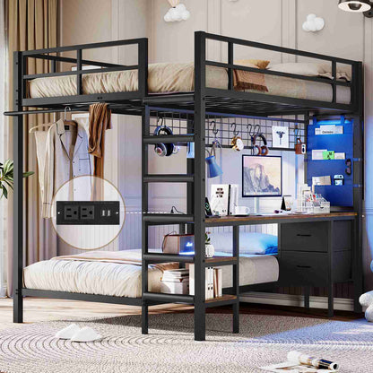 DICTAC | Full Over Twin Bunk Bed with Desk, Storage Drawers, LED Lights & Charging Station, Metal Bunk Bed with Stairs (Black)