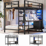 DICTAC | Full Over Twin Bunk Bed with Desk, Storage Drawers, LED Lights & Charging Station, Metal Bunk Bed with Stairs (Black)