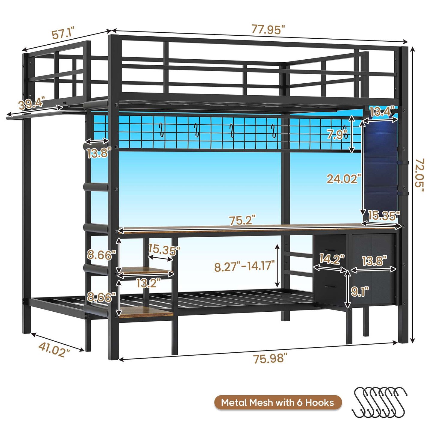 DICTAC | Full Over Twin Bunk Bed with Desk, Storage Drawers, LED Lights & Charging Station, Metal Bunk Bed with Stairs (Black)