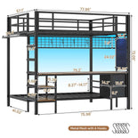 DICTAC | Full Over Twin Bunk Bed with Desk, Storage Drawers, LED Lights & Charging Station, Metal Bunk Bed with Stairs (Black)