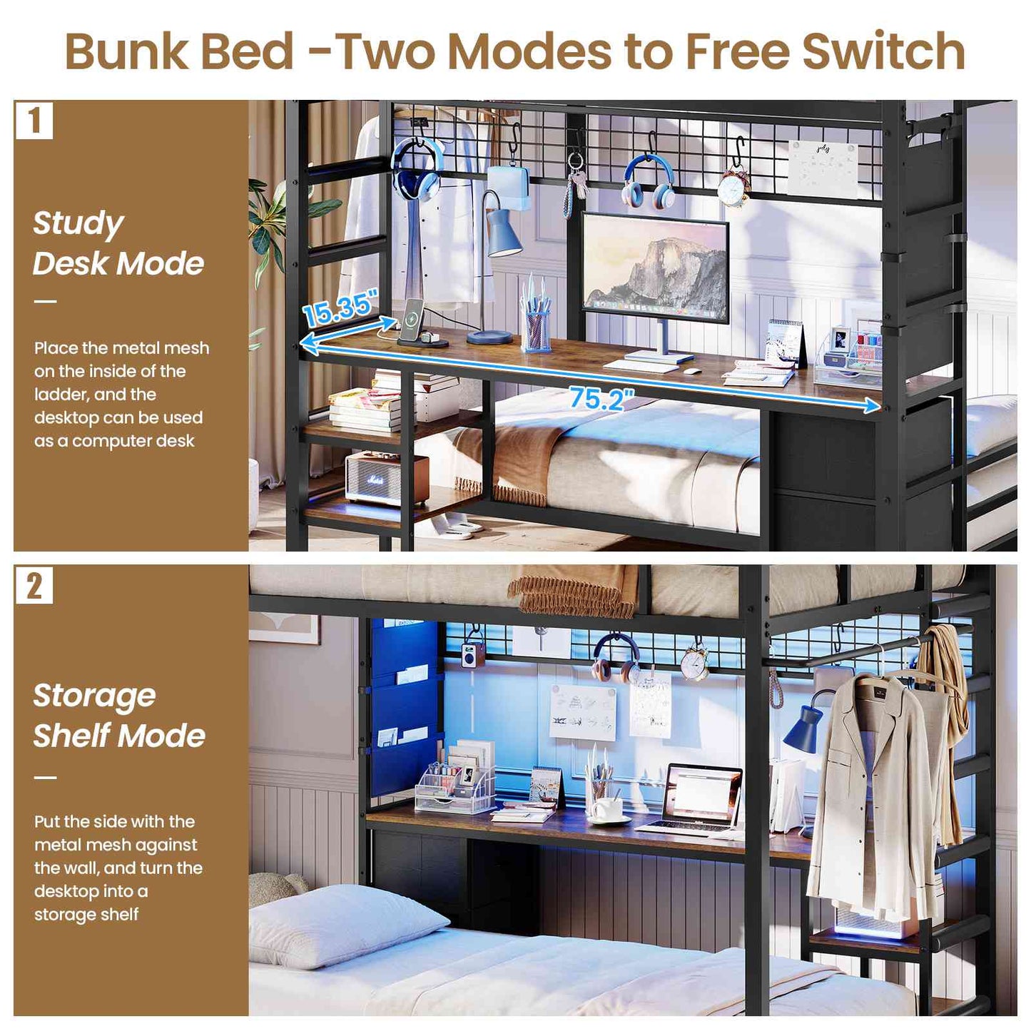 DICTAC | Full Over Twin Bunk Bed with Desk, Storage Drawers, LED Lights & Charging Station, Metal Bunk Bed with Stairs (Black)