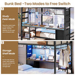 DICTAC | Full Over Twin Bunk Bed with Desk, Storage Drawers, LED Lights & Charging Station, Metal Bunk Bed with Stairs (Black)