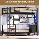 DICTAC | Full Over Twin Bunk Bed with Desk, Storage Drawers, LED Lights & Charging Station, Metal Bunk Bed with Stairs (Black)