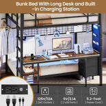 DICTAC | Full Over Twin Bunk Bed with Desk, Storage Drawers, LED Lights & Charging Station, Metal Bunk Bed with Stairs (Black)
