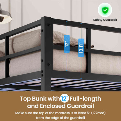 DICTAC | Full Over Twin Bunk Bed with Desk, Storage Drawers, LED Lights & Charging Station, Metal Bunk Bed with Stairs (Black)