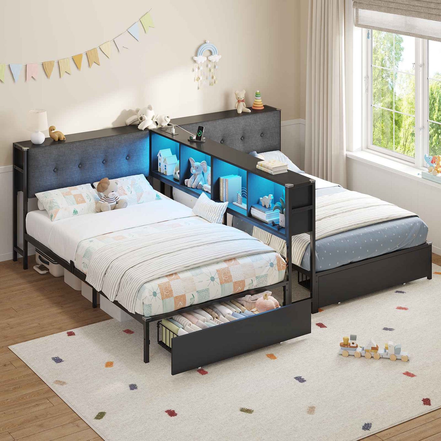 DICTAC | Twin Bed Frame for 2 Kids with Storage Bookcase Divider, Charging Station & LED Lights, Double Twin Metal Platform Bed with Drawers & Headboard Storage for Shared Bedroom, Black