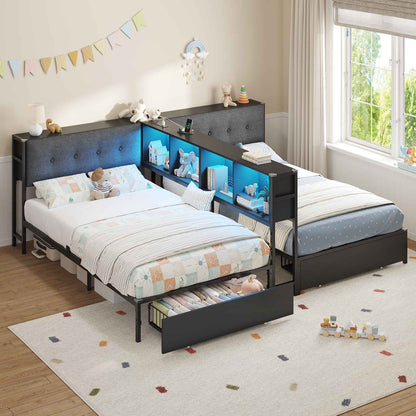 DICTAC | Twin Bed Frame for 2 Kids with Storage Bookcase Divider, Charging Station & LED Lights, Double Twin Metal Platform Bed with Drawers & Headboard Storage for Shared Bedroom, Black