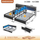 DICTAC | Twin Bed for 2 Kids with Storage Bookcase, Drawers, Charging Station & LED Lights - Black