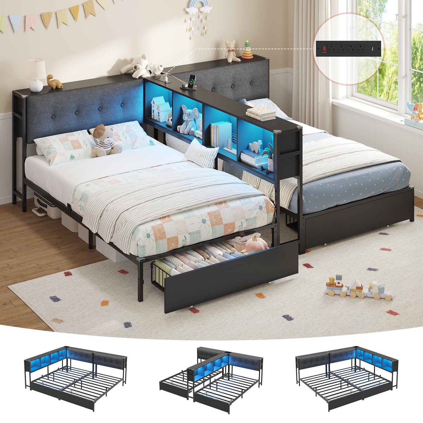 DICTAC | Twin Bed Frame for 2 Kids with Storage Bookcase Divider, Charging Station & LED Lights, Double Twin Metal Platform Bed with Drawers & Headboard Storage for Shared Bedroom, Black