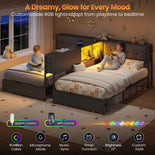 DICTAC | Twin Bed for 2 Kids with Storage Bookcase, Drawers, Charging Station & LED Lights - Black