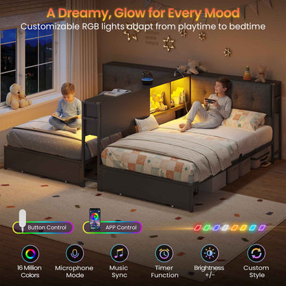 DICTAC | Twin Bed Frame for 2 Kids with Storage Bookcase Divider, Charging Station & LED Lights, Double Twin Metal Platform Bed with Drawers & Headboard Storage for Shared Bedroom, Black