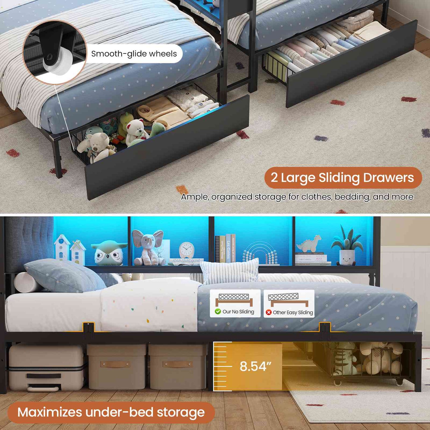 DICTAC | Twin Bed Frame for 2 Kids with Storage Bookcase Divider, Charging Station & LED Lights, Double Twin Metal Platform Bed with Drawers & Headboard Storage for Shared Bedroom, Black