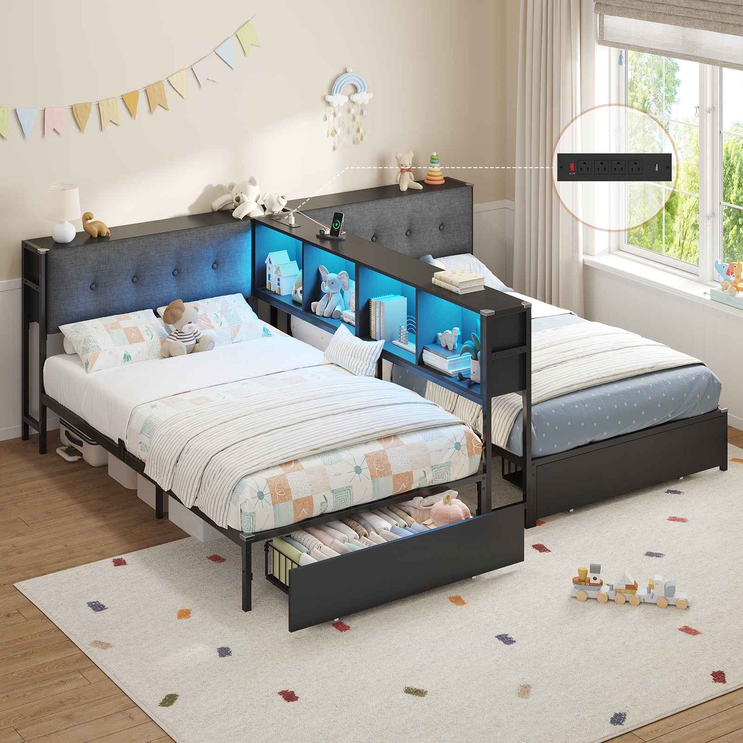DICTAC | Twin Bed Frame for 2 Kids with Storage Bookcase Divider, Charging Station & LED Lights, Double Twin Metal Platform Bed with Drawers & Headboard Storage for Shared Bedroom, Black