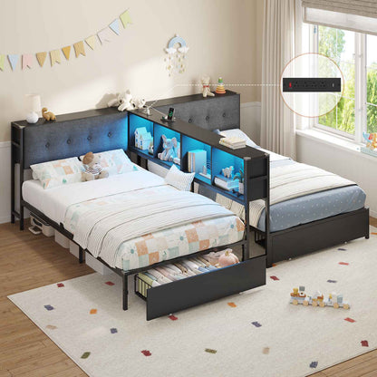 DICTAC | Twin Bed Frame for 2 Kids with Storage Bookcase Divider, Charging Station & LED Lights, Double Twin Metal Platform Bed with Drawers & Headboard Storage for Shared Bedroom, Black