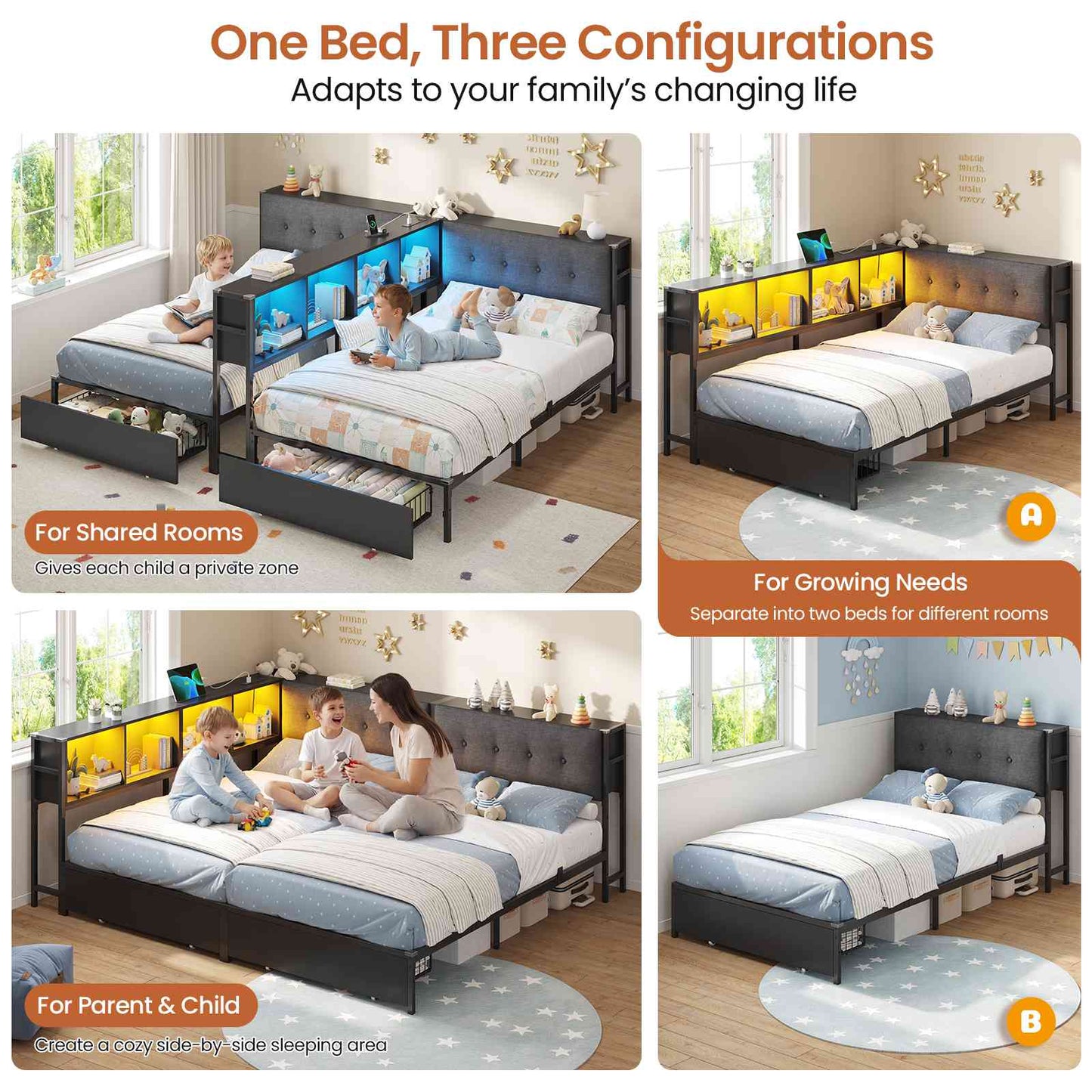 DICTAC | Twin Bed Frame for 2 Kids with Storage Bookcase Divider, Charging Station & LED Lights, Double Twin Metal Platform Bed with Drawers & Headboard Storage for Shared Bedroom, Black