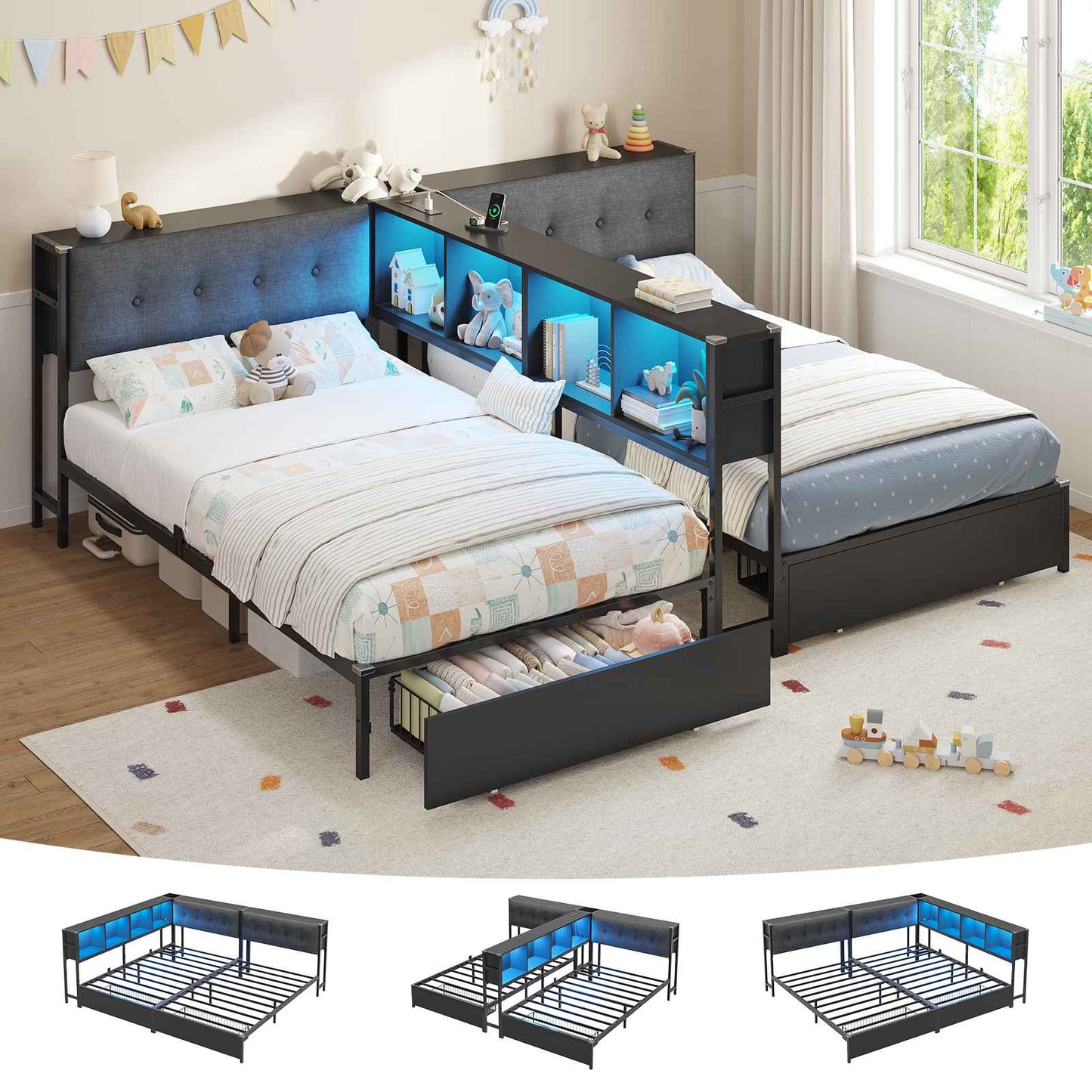 DICTAC | Twin Bed Frame for 2 Kids with Storage Bookcase Divider, Charging Station & LED Lights, Double Twin Metal Platform Bed with Drawers & Headboard Storage for Shared Bedroom, Black