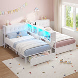 DICTAC | Twin Bed for 2 Kids with Storage Bookcase, Drawers, Charging Station & LED Lights - White