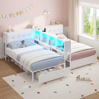 DICTAC | Twin Bed Frame for 2 Kids with Storage Bookcase Divider, Charging Station & LED Lights, Double Twin Metal Platform Bed with Drawers & Headboard Storage for Shared Bedroom, White