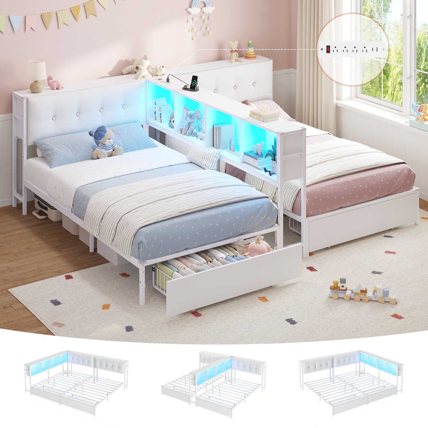 DICTAC | Twin Bed Frame for 2 Kids with Storage Bookcase Divider, Charging Station & LED Lights, Double Twin Metal Platform Bed with Drawers & Headboard Storage for Shared Bedroom, White