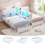 DICTAC | Twin Bed for 2 Kids with Storage Bookcase, Drawers, Charging Station & LED Lights - White