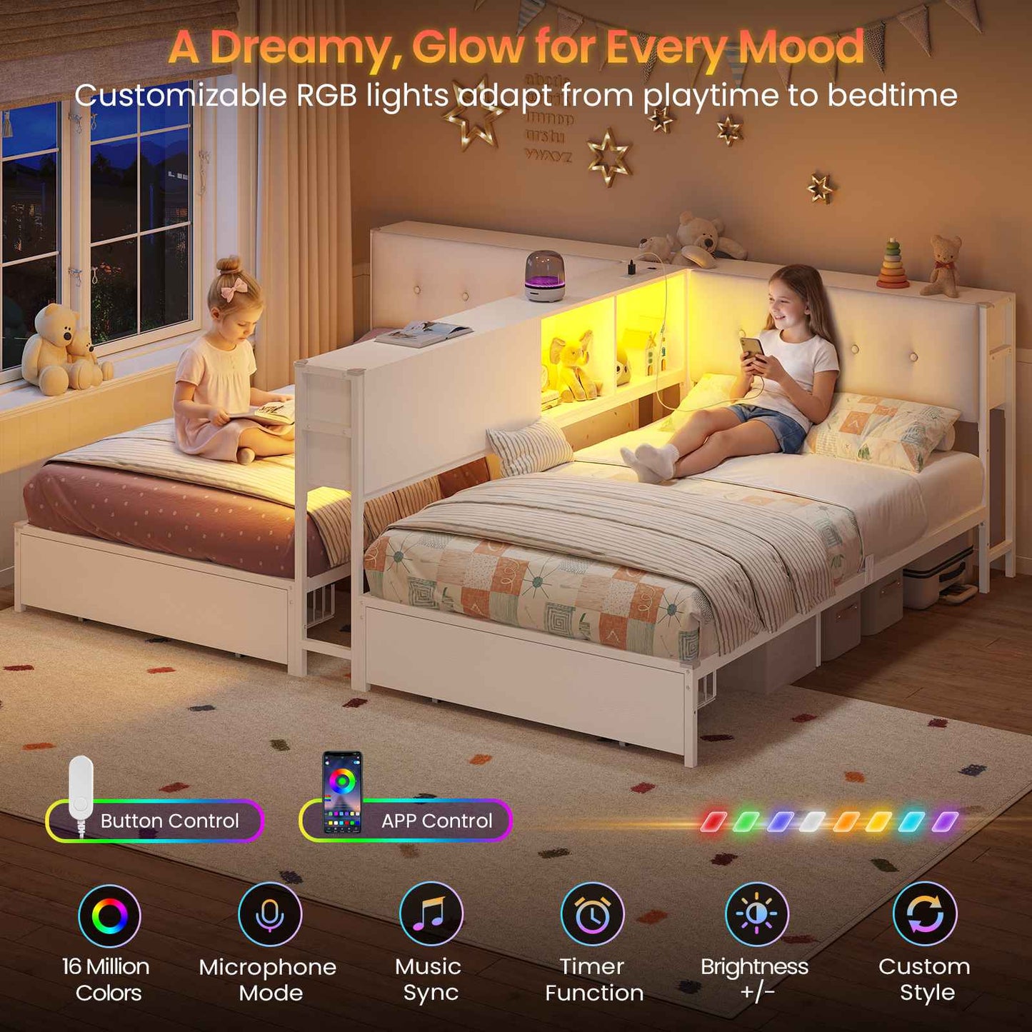 DICTAC | Twin Bed Frame for 2 Kids with Storage Bookcase Divider, Charging Station & LED Lights, Double Twin Metal Platform Bed with Drawers & Headboard Storage for Shared Bedroom, White