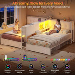 DICTAC | Twin Bed for 2 Kids with Storage Bookcase, Drawers, Charging Station & LED Lights - White