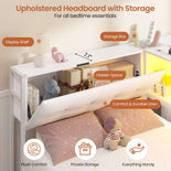 DICTAC | Twin Bed for 2 Kids with Storage Bookcase, Drawers, Charging Station & LED Lights - White