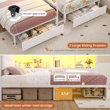 DICTAC | Twin Bed for 2 Kids with Storage Bookcase, Drawers, Charging Station & LED Lights - White