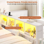 DICTAC | Twin Bed for 2 Kids with Storage Bookcase, Drawers, Charging Station & LED Lights - White