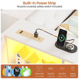 DICTAC | Twin Bed for 2 Kids with Storage Bookcase, Drawers, Charging Station & LED Lights - White