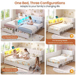 DICTAC | Twin Bed for 2 Kids with Storage Bookcase, Drawers, Charging Station & LED Lights - White