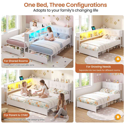 DICTAC | Twin Bed Frame for 2 Kids with Storage Bookcase Divider, Charging Station & LED Lights, Double Twin Metal Platform Bed with Drawers & Headboard Storage for Shared Bedroom, White