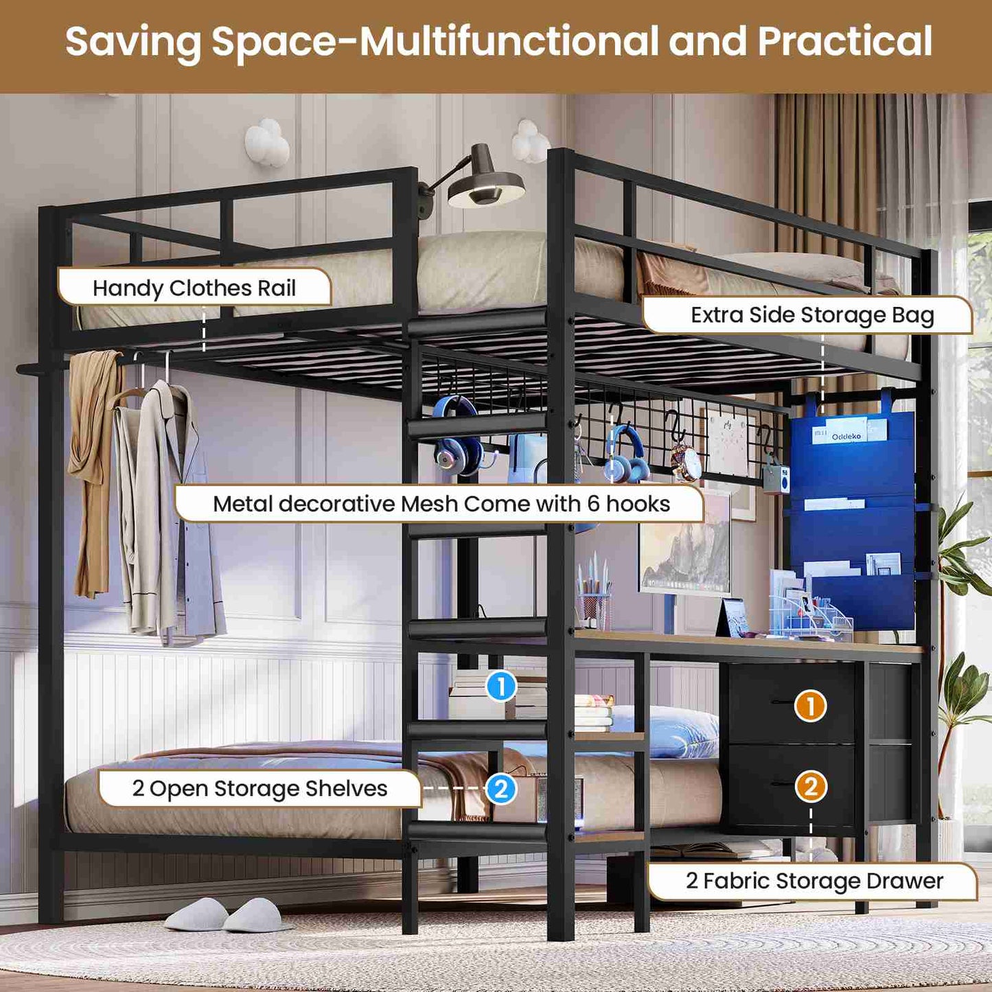 DICTAC | Full Over Twin Bunk Bed with Desk, Storage Drawers, LED Lights & Charging Station, Metal Bunk Bed with Stairs (Black)
