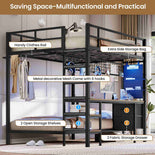 DICTAC | Full Over Twin Bunk Bed with Desk, Storage Drawers, LED Lights & Charging Station, Metal Bunk Bed with Stairs (Black)