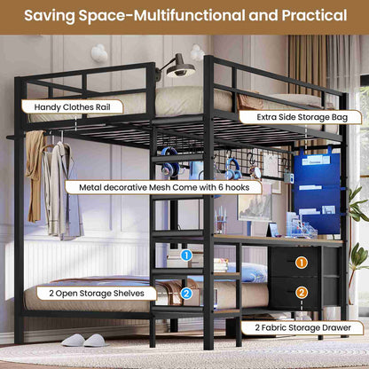 DICTAC | Full Over Twin Bunk Bed with Desk, Storage Drawers, LED Lights & Charging Station, Metal Bunk Bed with Stairs (Black)