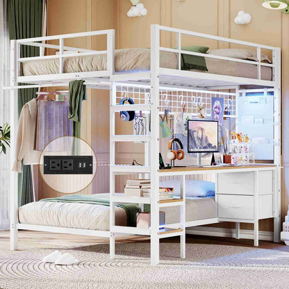 DICTAC | Full Over Twin Bunk Bed with Desk, Storage Drawers, LED Lights & Charging Station, Metal Bunk Bed with Stairs (Black)