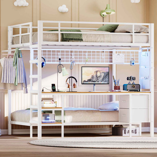 DICTAC | Full Over Twin Bunk Bed with Desk, Storage Drawers, LED Lights & Charging Station, Metal Bunk Bed with Stairs (Black)