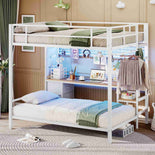 DICTAC | Full Over Twin Bunk Bed with Desk, Storage Drawers, LED Lights & Charging Station, Metal Bunk Bed with Stairs (Black)