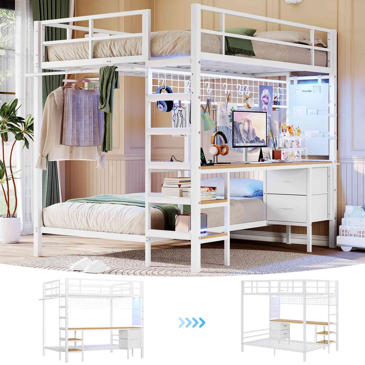 DICTAC | Full Over Twin Bunk Bed with Desk, Storage Drawers, LED Lights & Charging Station, Metal Bunk Bed with Stairs (Black)