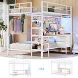 DICTAC | Full Over Twin Bunk Bed with Desk, Storage Drawers, LED Lights & Charging Station, Metal Bunk Bed with Stairs (Black)