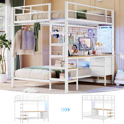 DICTAC | Full Over Twin Bunk Bed with Desk, Storage Drawers, LED Lights & Charging Station, Metal Bunk Bed with Stairs (Black)