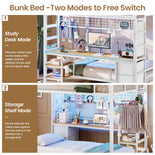 DICTAC | Full Over Twin Bunk Bed with Desk, Storage Drawers, LED Lights & Charging Station, Metal Bunk Bed with Stairs (Black)