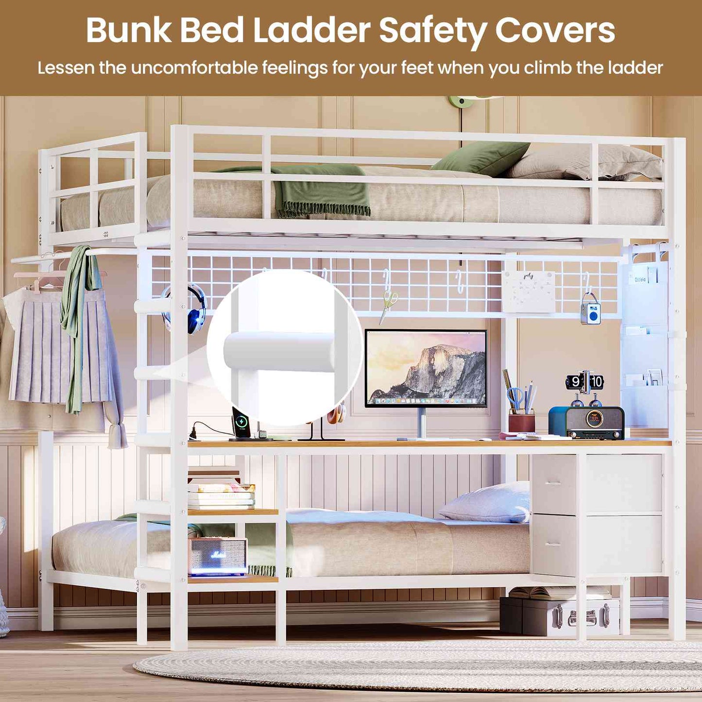 DICTAC | Full Over Twin Bunk Bed with Desk, Storage Drawers, LED Lights & Charging Station, Metal Bunk Bed with Stairs (Black)