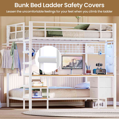 DICTAC | Full Over Twin Bunk Bed with Desk, Storage Drawers, LED Lights & Charging Station, Metal Bunk Bed with Stairs (Black)