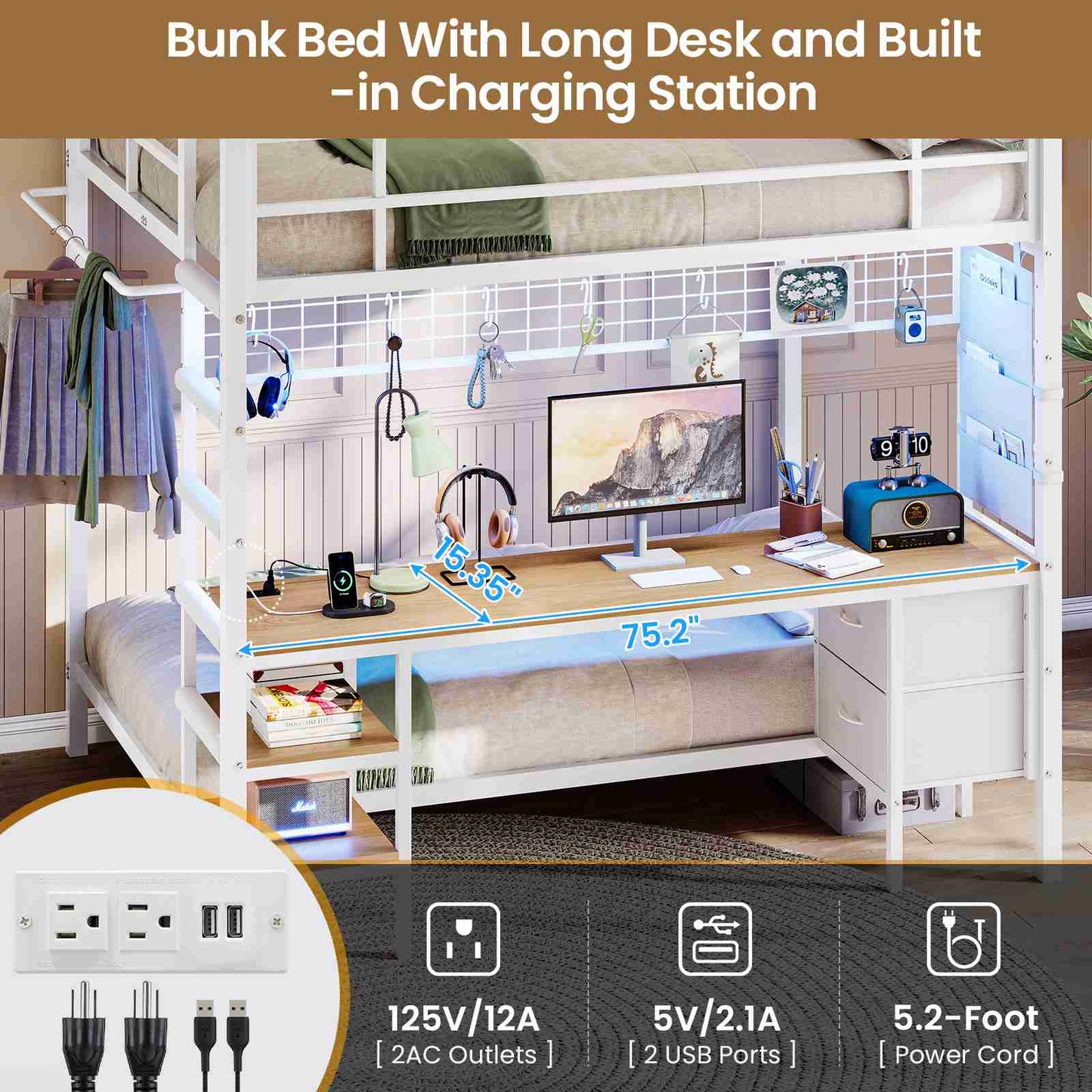 DICTAC | Full Over Twin Bunk Bed with Desk, Storage Drawers, LED Lights & Charging Station, Metal Bunk Bed with Stairs (Black)