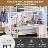 DICTAC | Full Over Twin Bunk Bed with Desk, Storage Drawers, LED Lights & Charging Station, Metal Bunk Bed with Stairs (Black)