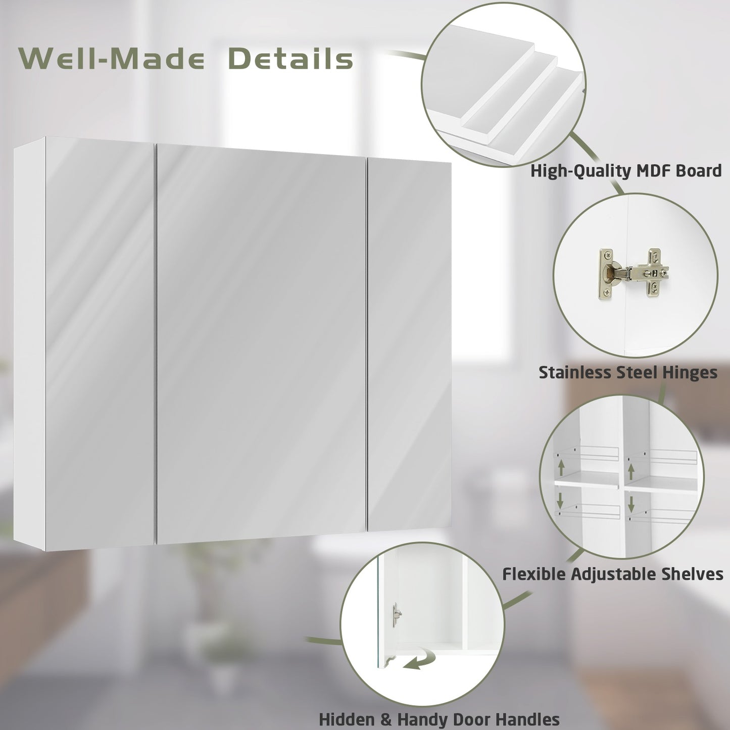 DICTAC | 3-Door Medicine Cabinet with Mirror & Adjustable Shelves, Wall Mounted Bathroom Storage Cabinet, White