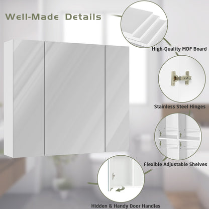 DICTAC | 3-Door Medicine Cabinet with Mirror & Adjustable Shelves, Wall Mounted Bathroom Storage Cabinet, White